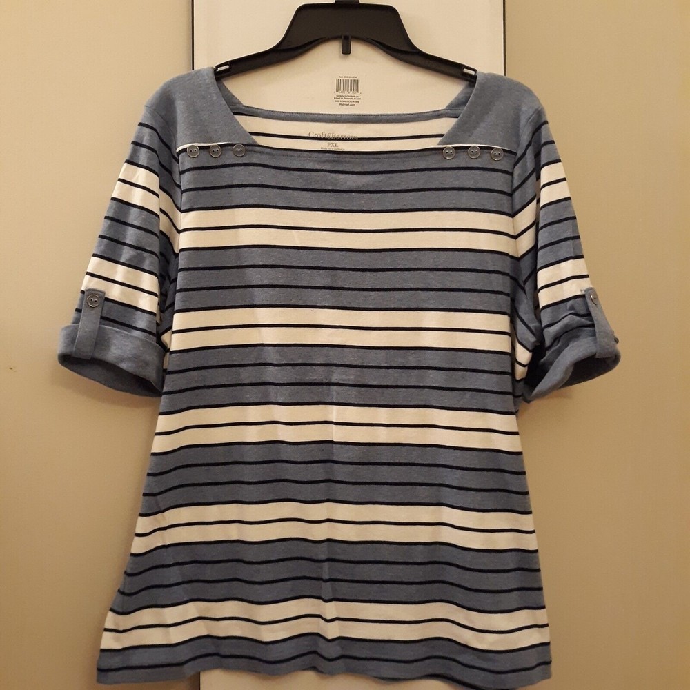 Croft & Barrow Womens PXL Cotton Blouse Blue & White Striped Roll Tab Sleeves!